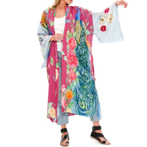 Lena Vie Boutique Other - The Marie Antoinette Boho Double Layer Luxury Kimono Duster In Bird Floral Print